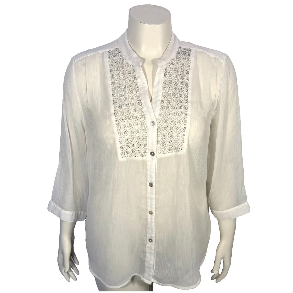 Chico's Crepe Blouse Women's XL (3) White Button Up Silver Beaded Bib V-Neck